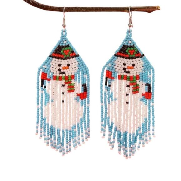 Beaded Snowman Earrings Holiday Christmas Fringe Seed Bead Dangle Fishhook - Picture 1 of 8